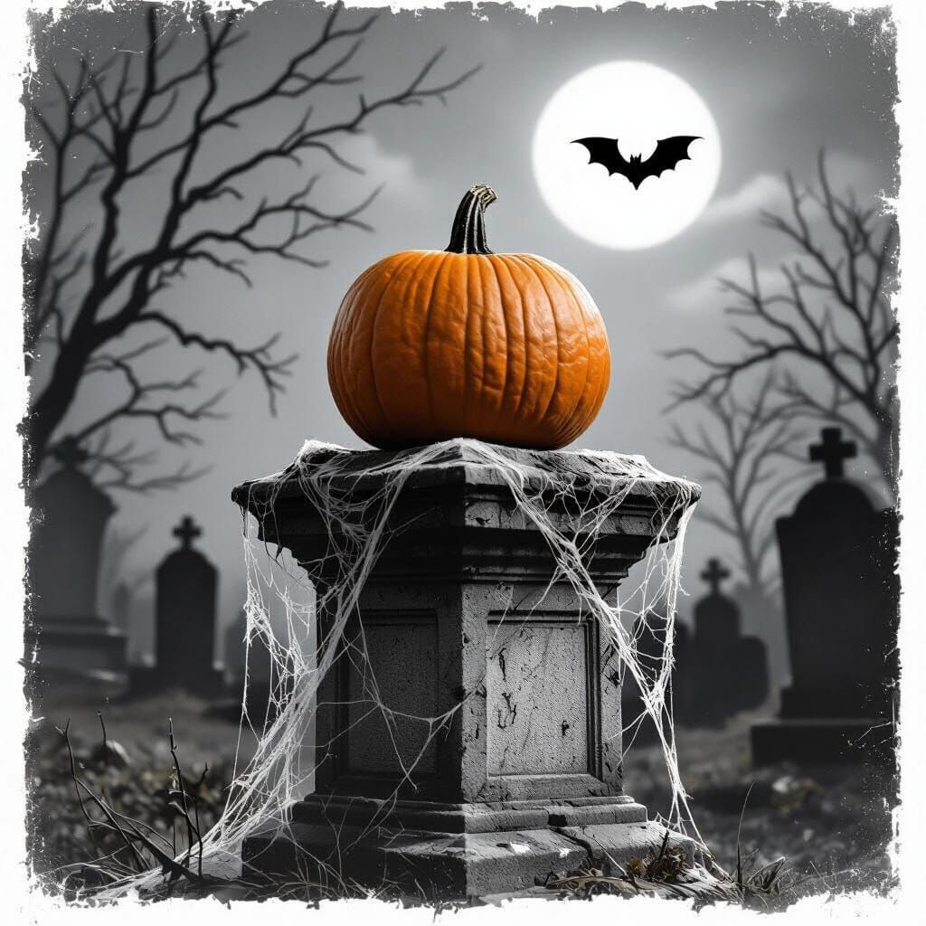 Ornate Pumpkin in Moonlit Graveyard with Spectral Bat