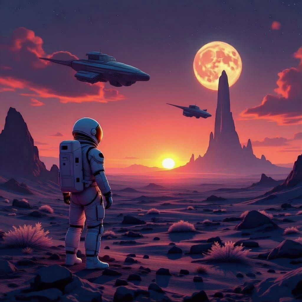 Astronaut Gazes at Binary Sunset on Alien World