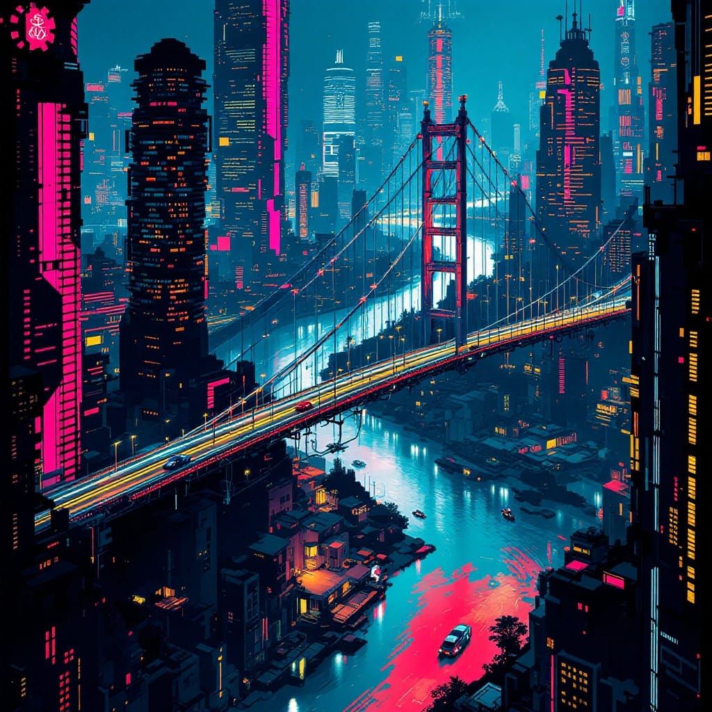 Cyberpunk Cityscape with Futuristic Bridge and Flying Cars