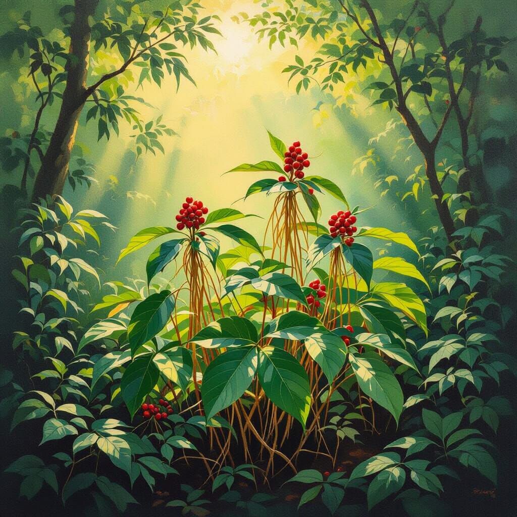 Ginseng Plant in Sunlight: An Impressionistic Forest Scene