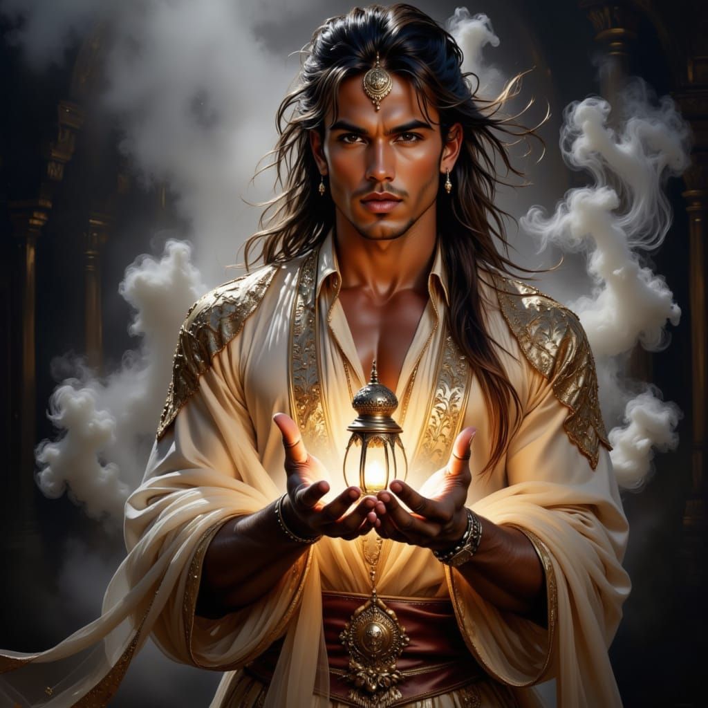 Surprised Aladdin with Lantern in Mosaic Illustration