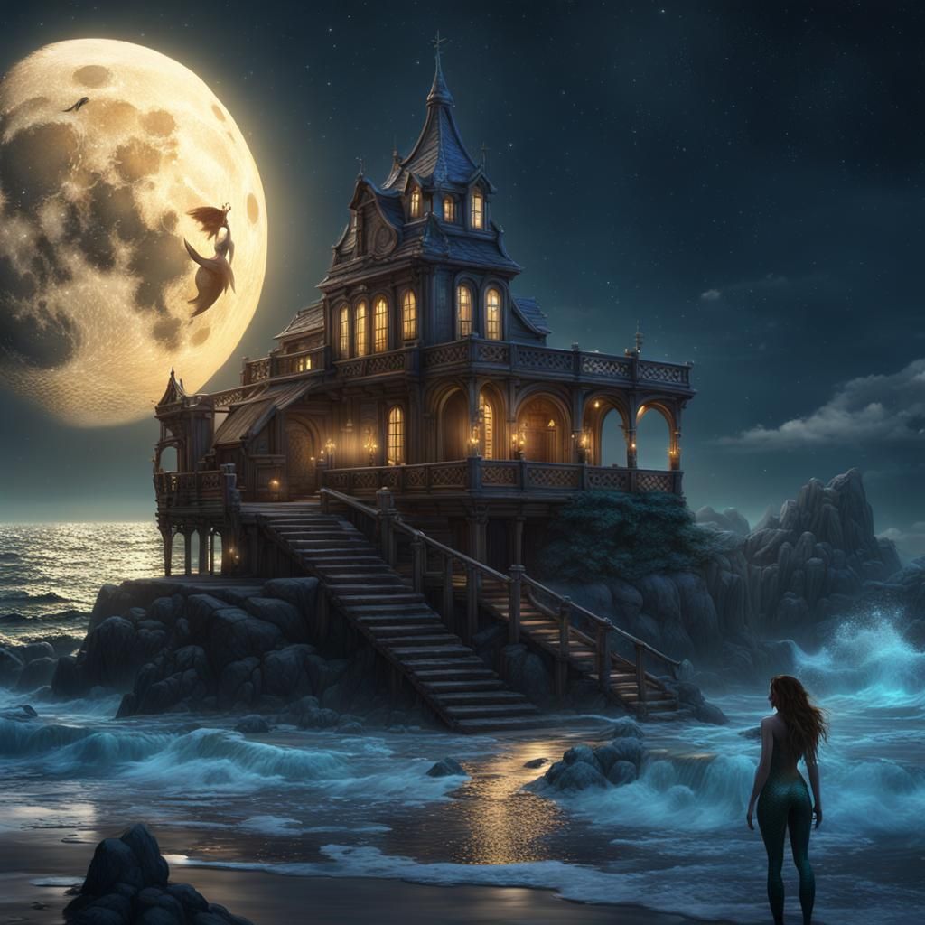 Fantasy Mermaid Under Full Moon: Detailed Digital Art