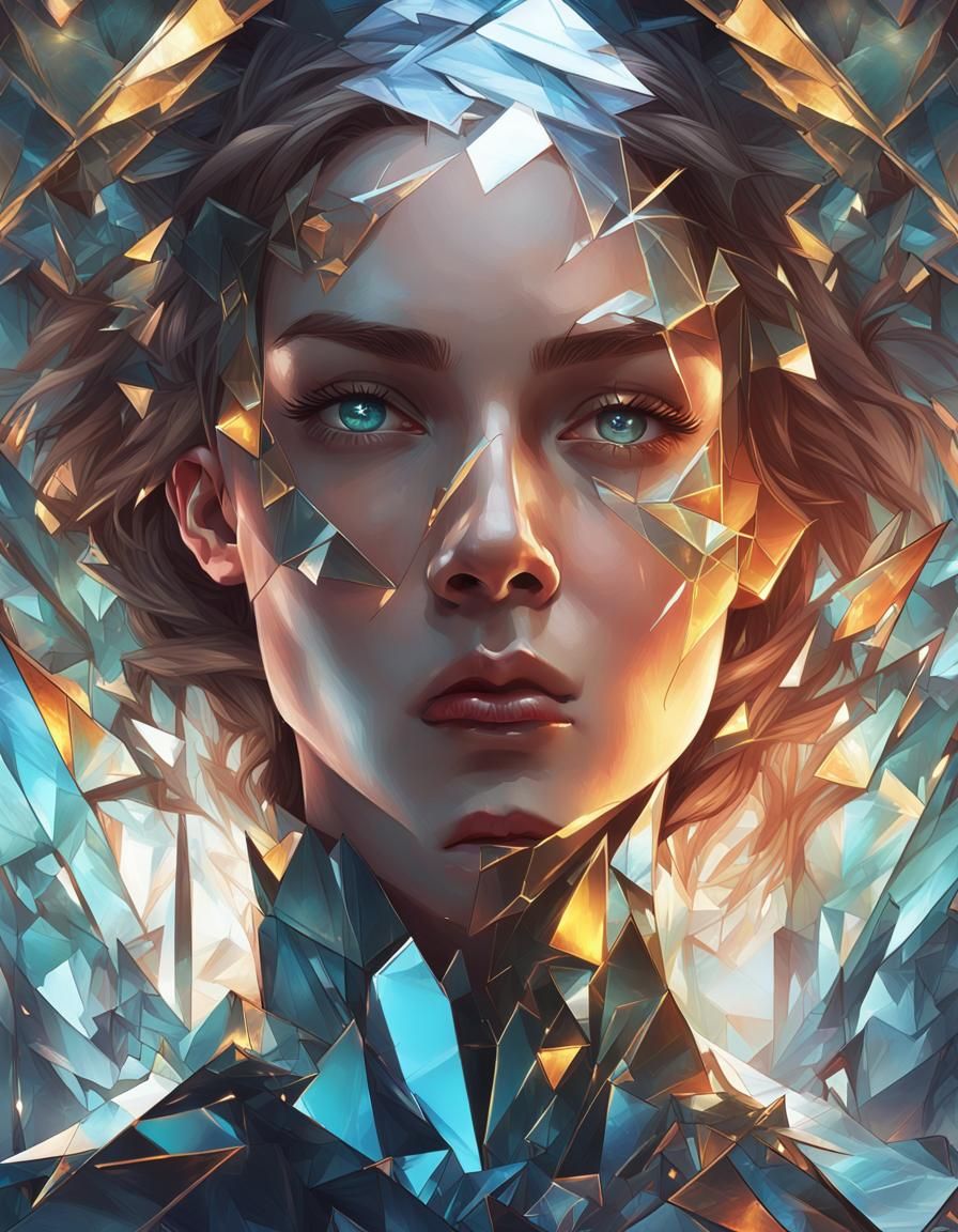 Glinting Glass Shards Reflecting a Woman's Face