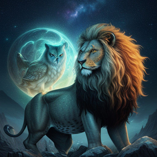 Majestic Lion-Owl Hybrid Soars in Celestial Dreamscapes