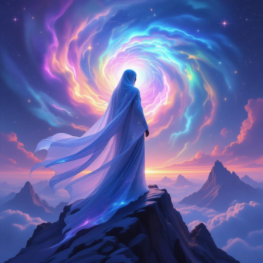 Celestial Being Gazing at Nebula in Dreamlike Style