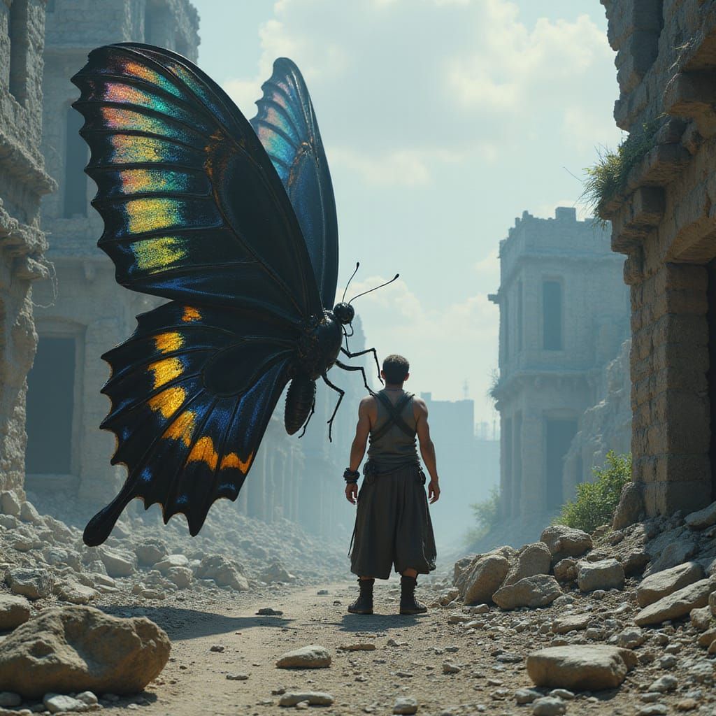 Man Confronts Giant Butterfly in Post-Apocalyptic Ruins