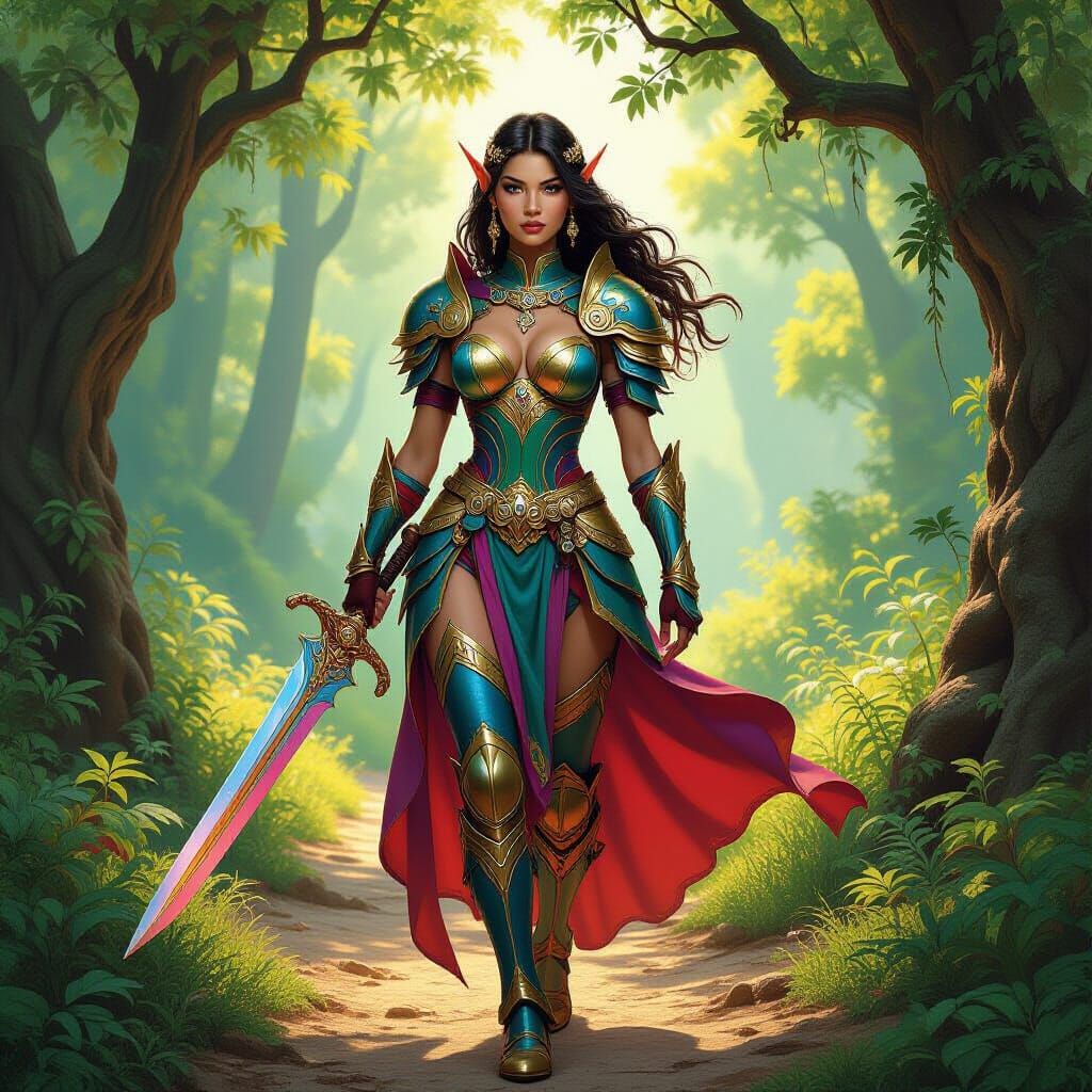 Elf Warrior in Rainbow Armor in Mystical Forest