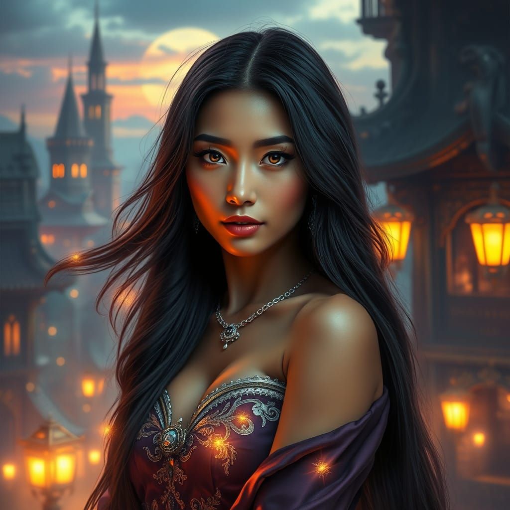 Ethereal Tibetan Enchantress in Whimsical, Surreal Cityscape