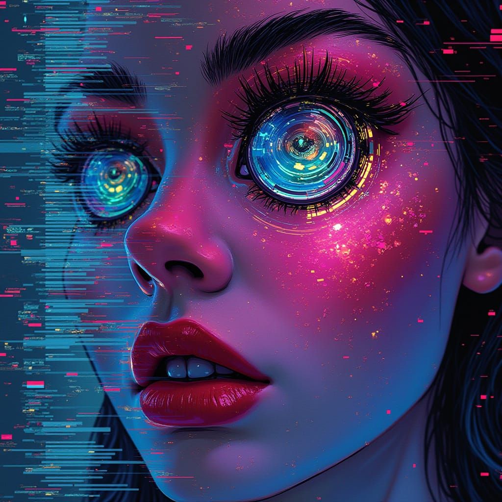 Cybernetic Woman Peeks Through Glitch Screen