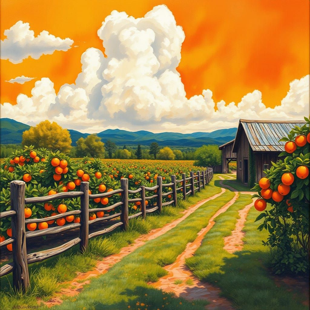 Vibrant Orange Farm Landscape in Bold Gouache Style