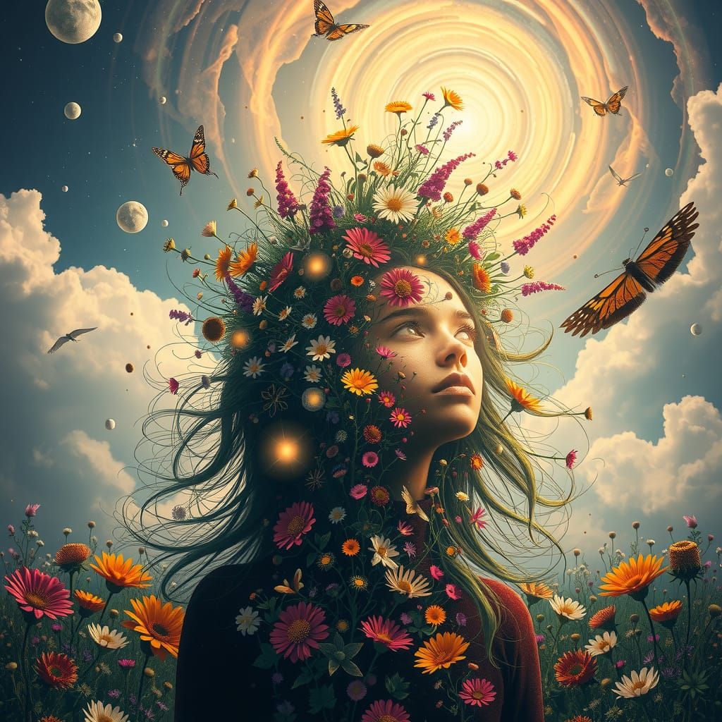 Surreal Figure in Vibrant Wildflower Garden, with Celestial ...