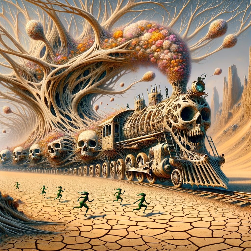 Dystopian Bone Train in Desert Landscape, Airbrush Art