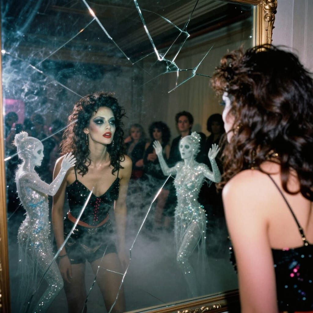 Woman's Ghostly Reflection in Shattered Mirror