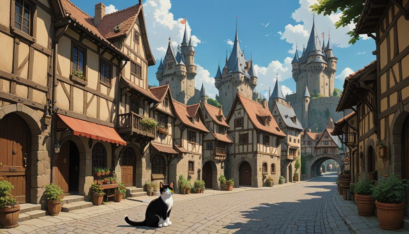 Whimsical Medieval Village with Castle and Feline Friend