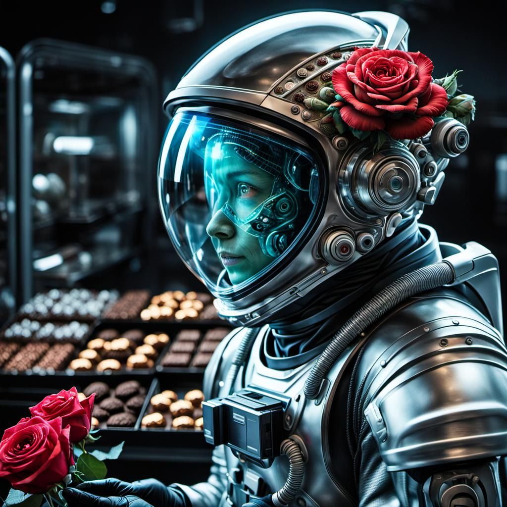 Alien Scans Chocolates and Roses in Spacesuit