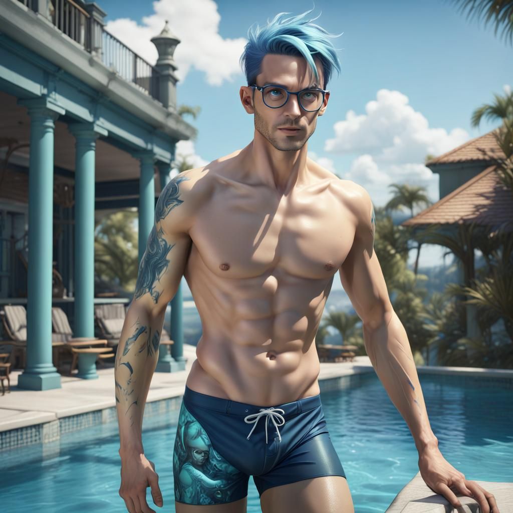 Handsome Android Climbs From Pool: Detailed Matte Painting