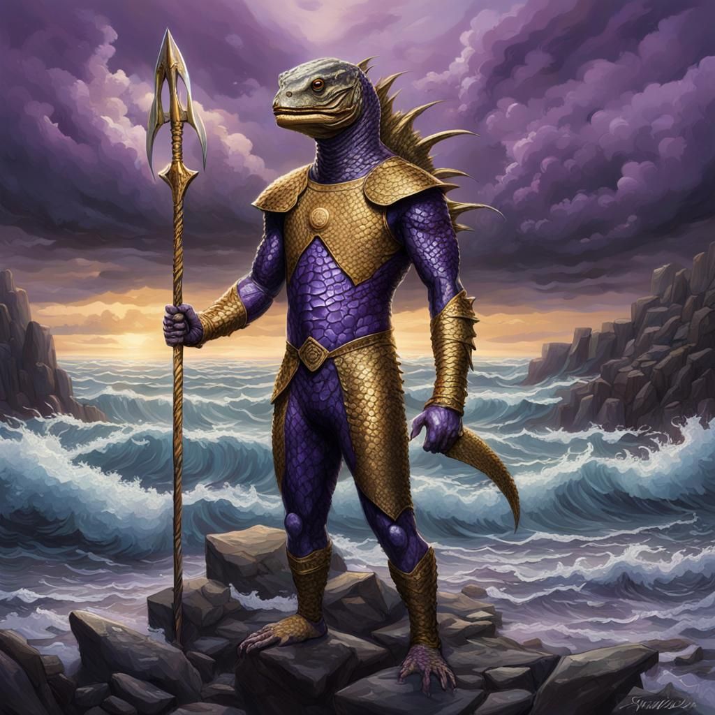 Half-Fish, Half-Reptile Humanoid Portrait on Rocky Shore