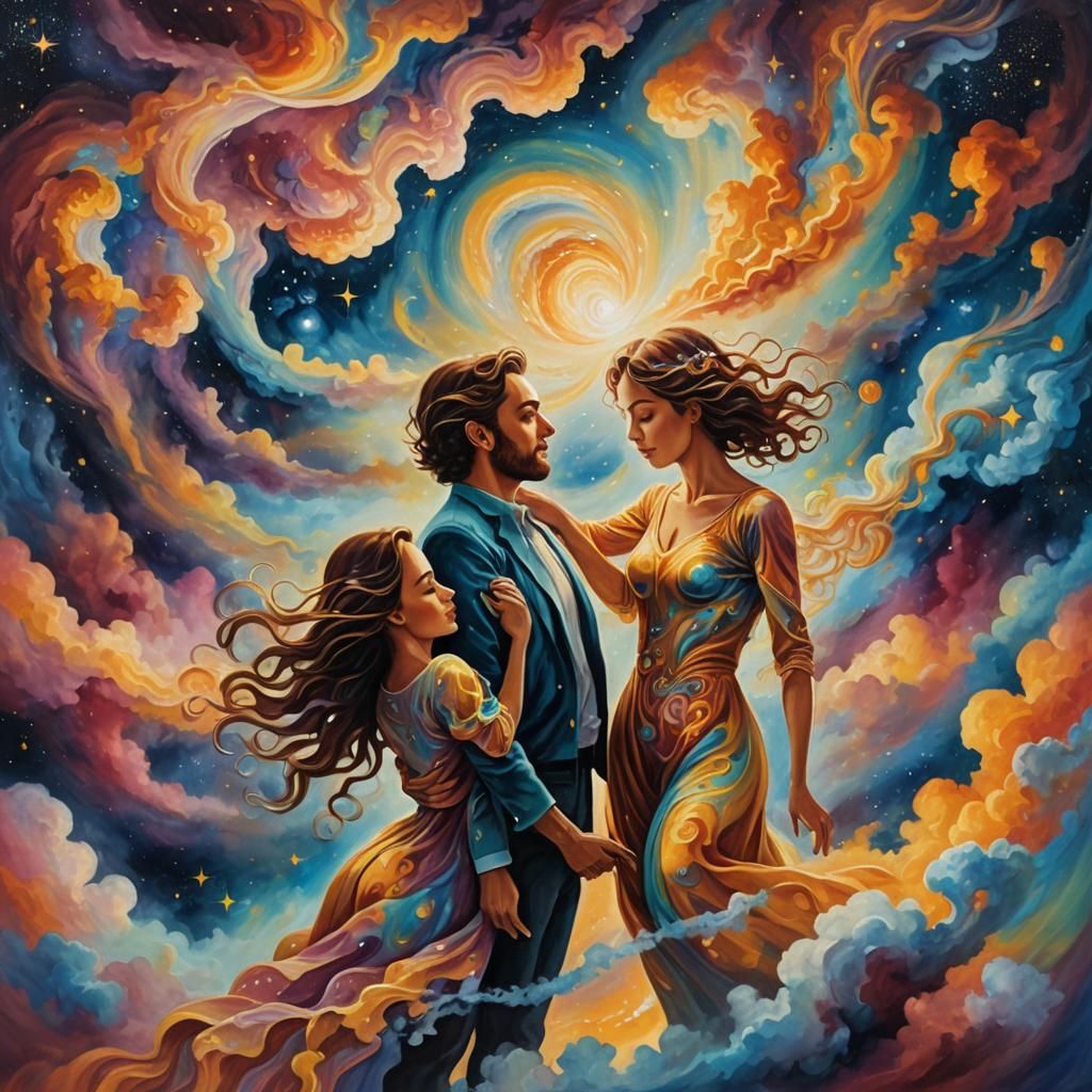 Celestial Lovers Ascending in Surreal Cosmic Expanse