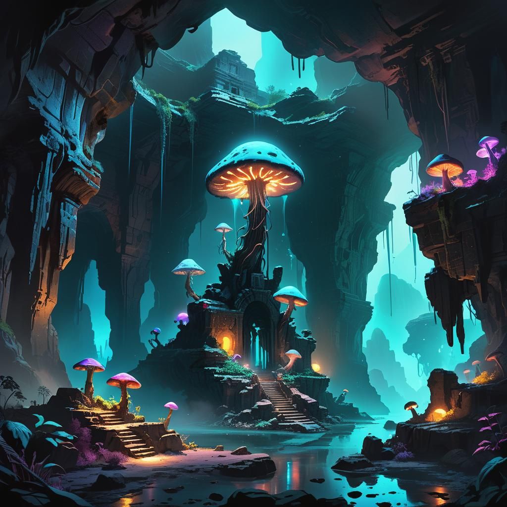 Bioluminescent Alien in Subterranean Ruins Concept Art