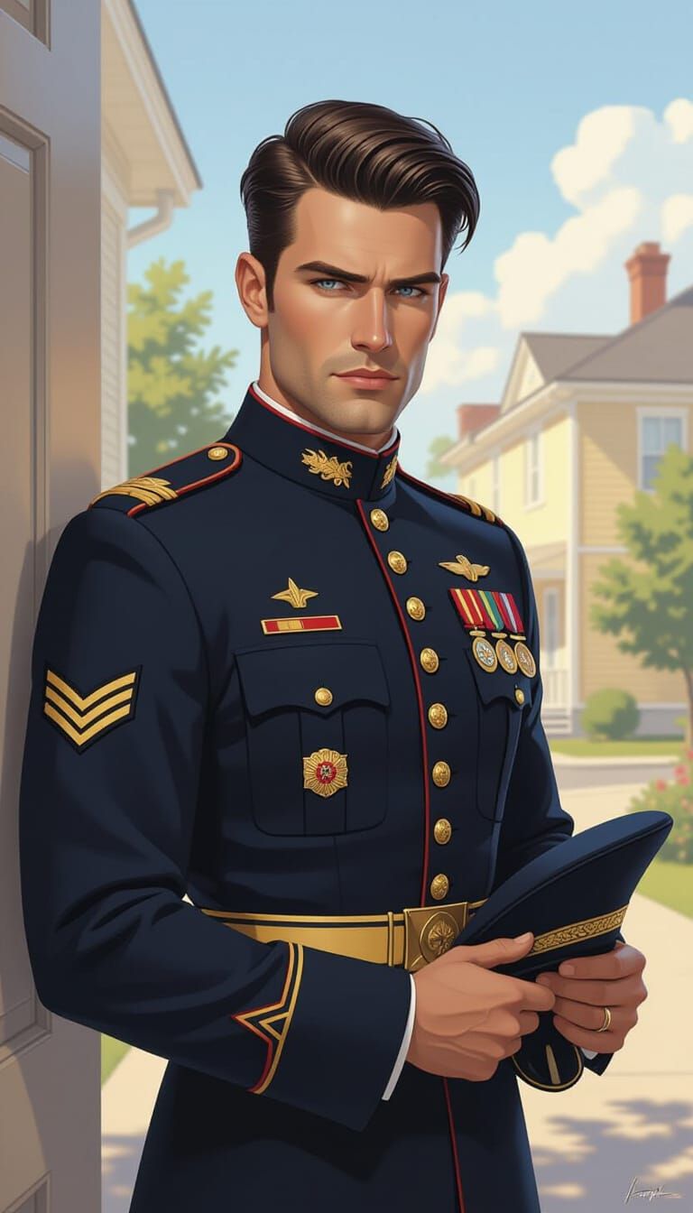 Handsome Soldier in Military Uniform with Blue Eyes