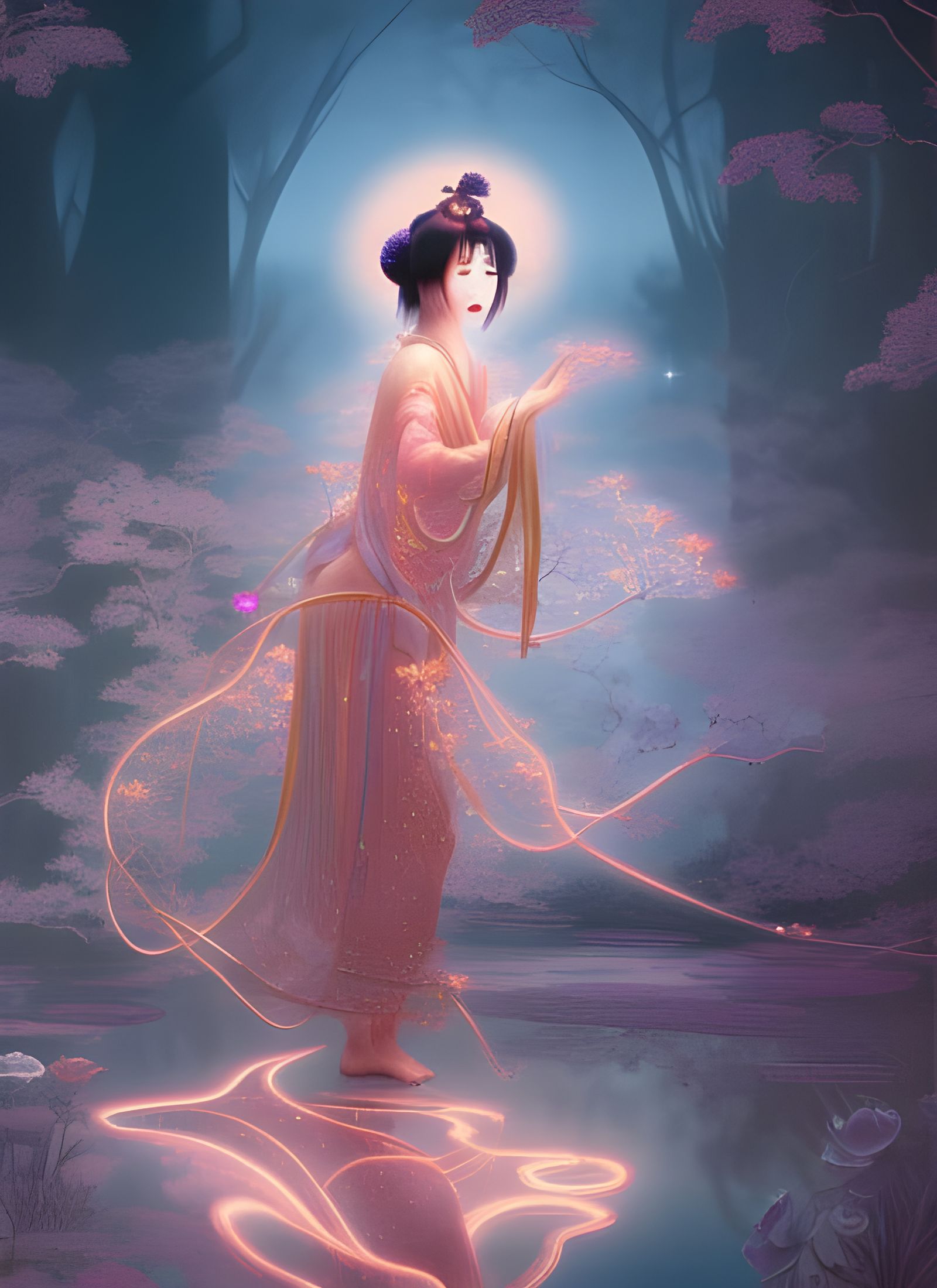 Japanese Sorceress in Dreamy Pink Village: Digital Illustrat...