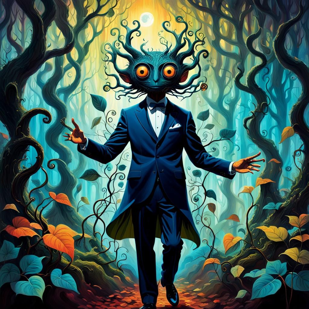 Surreal Forest Creature in Vibrant Suit