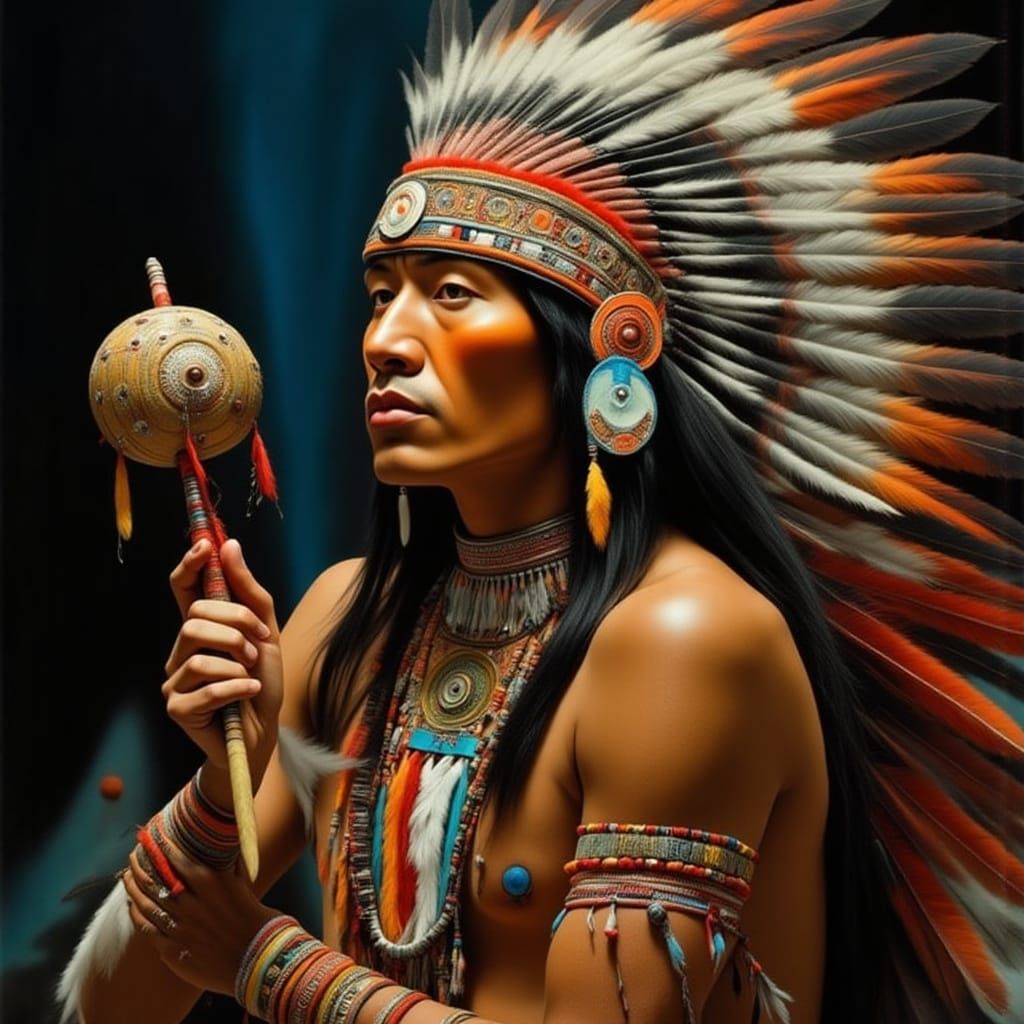 Native American Dancer with Rattle in Vibrant Fantasy Landsc...