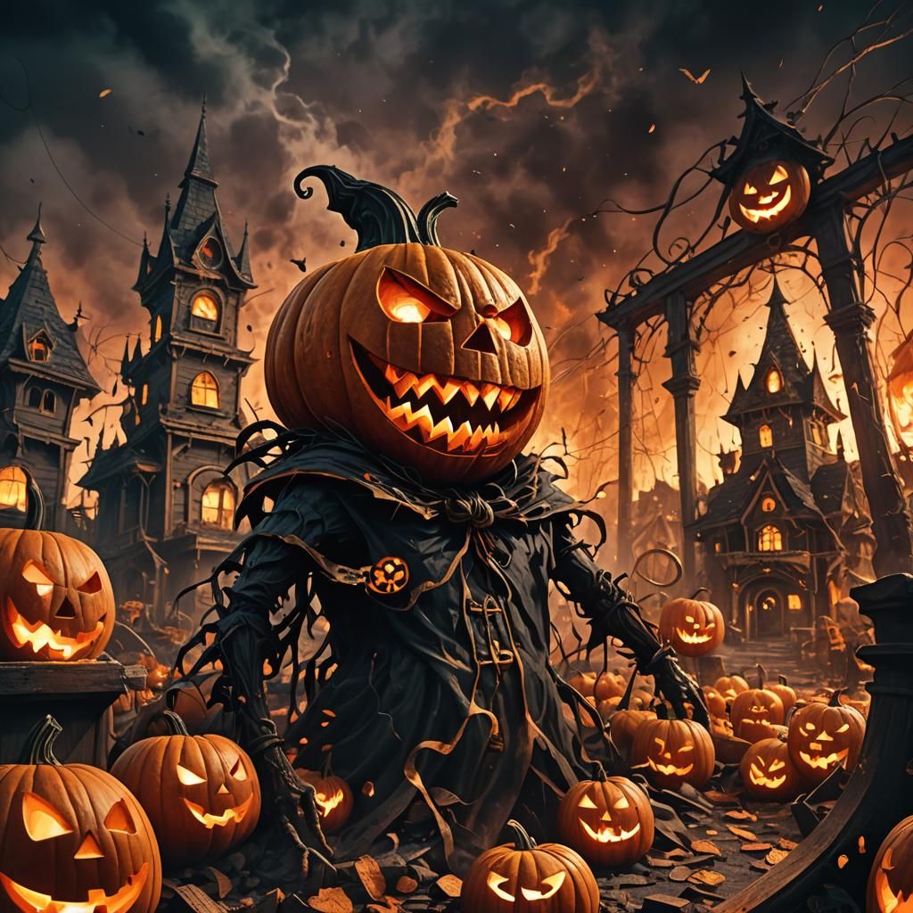 Flaming Jack-o-Lantern in Abandoned Theme Park