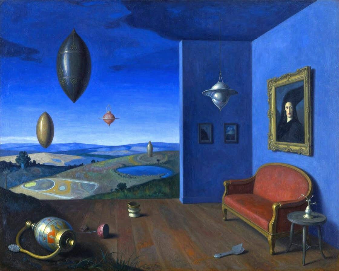 Magical Surrealism Oil Painting of a Dreamlike Blue Room