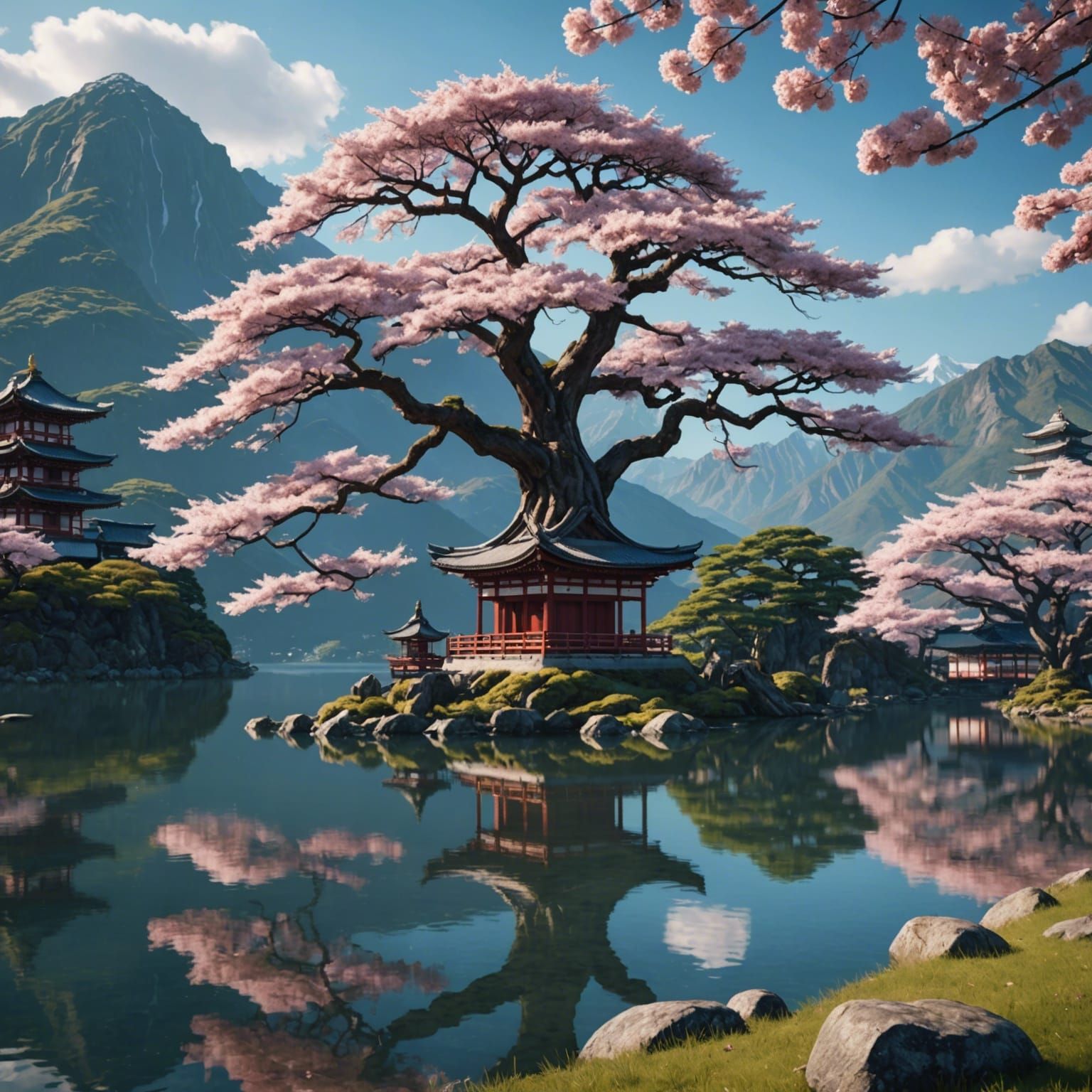 Sakura Tree with Japanese Temples: Futuristic Render