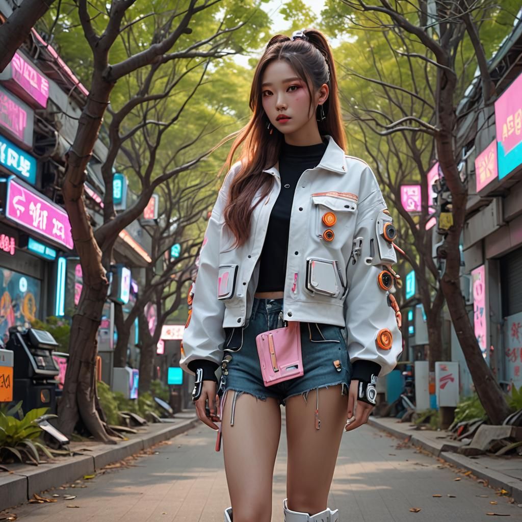 Cyberpunk Korean Robot Woman on Beach