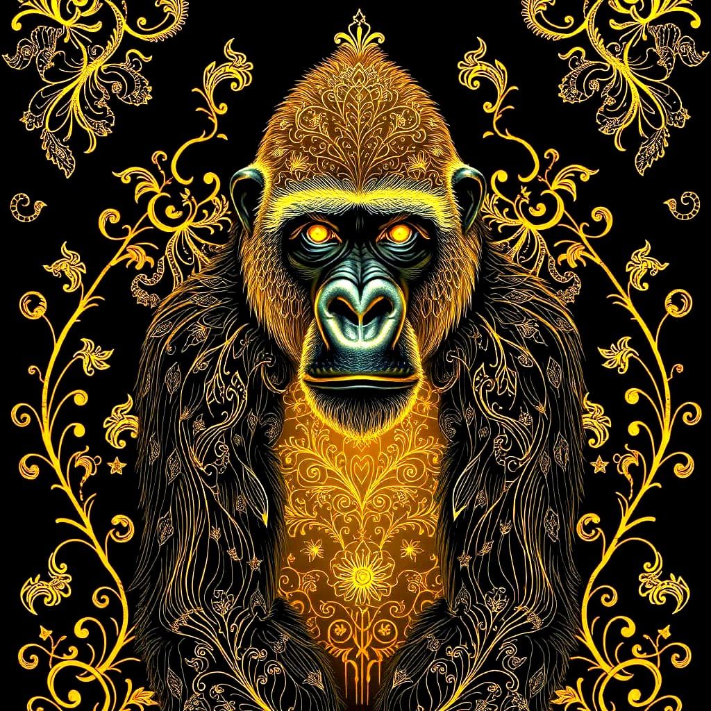Bioluminescent Gorilla with Golden Filigree Designs