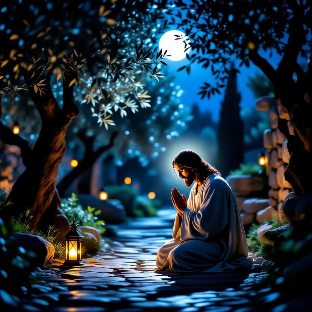 Jesus Prays in Sacred Gethsemane Garden at Night