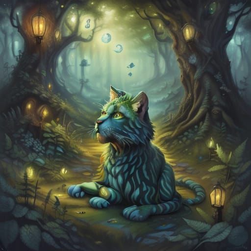 Whimsical Big Cats Talking in a Magical Forest