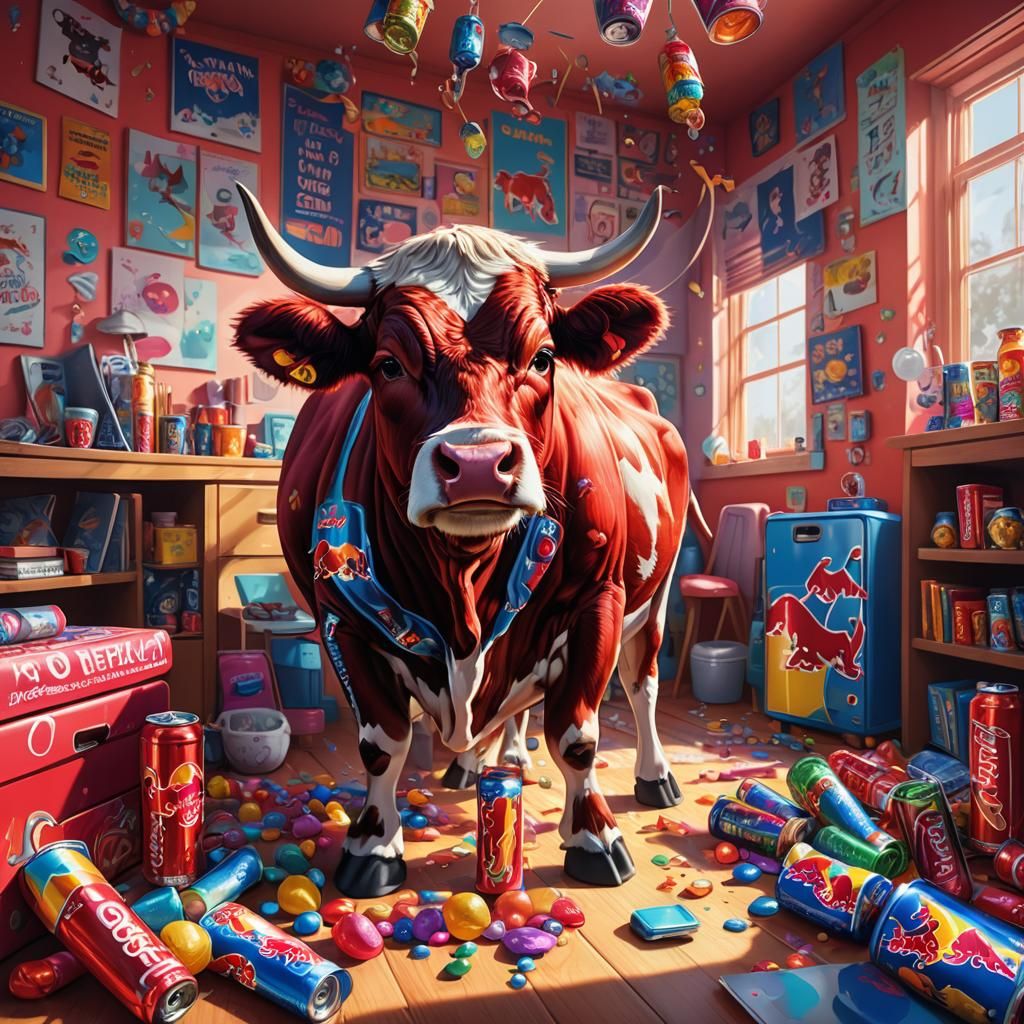 Red Bull Cow in Candy Art Style Dorm Room