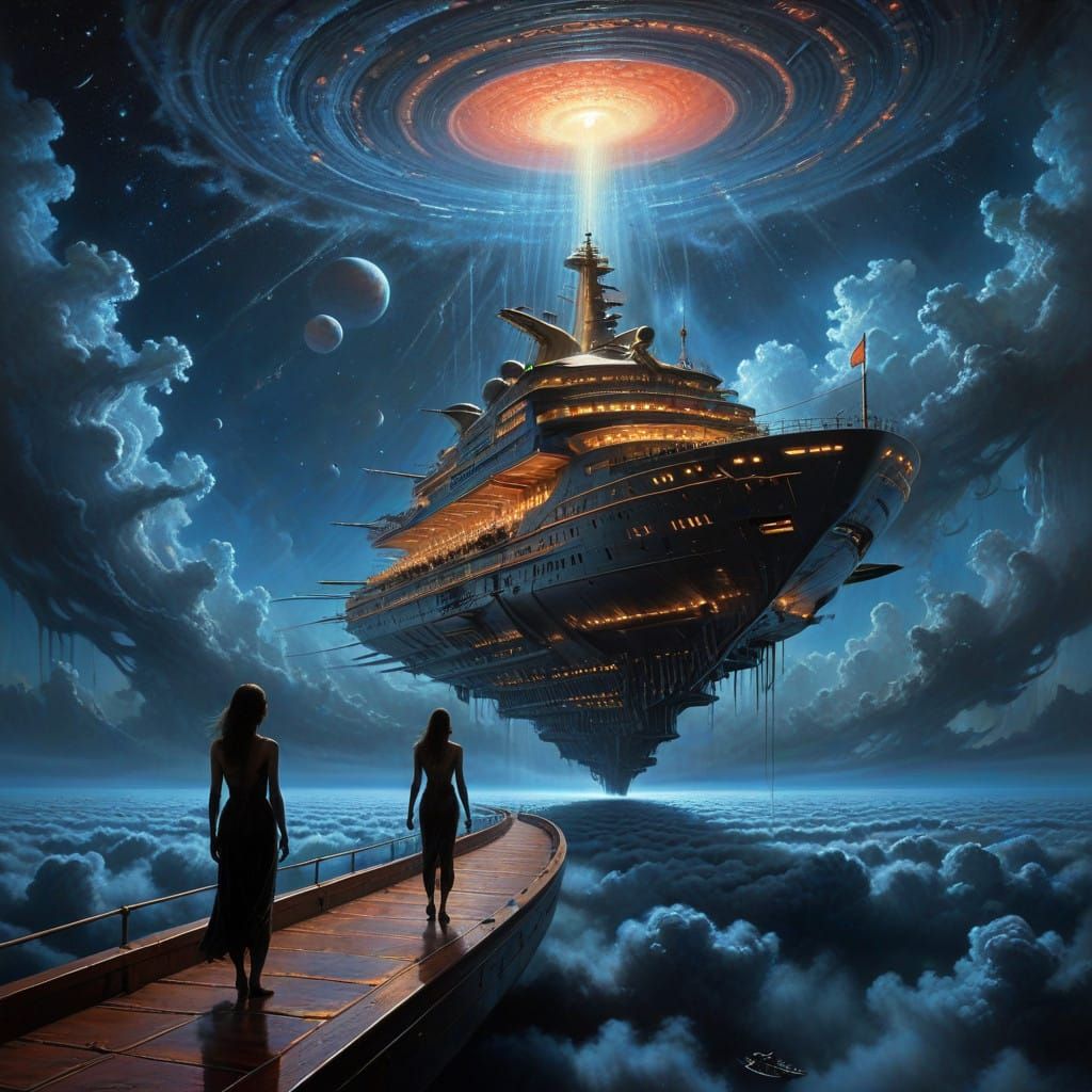 Sleek Futuristic Cruise Liner Glides Through Cosmic Vastness