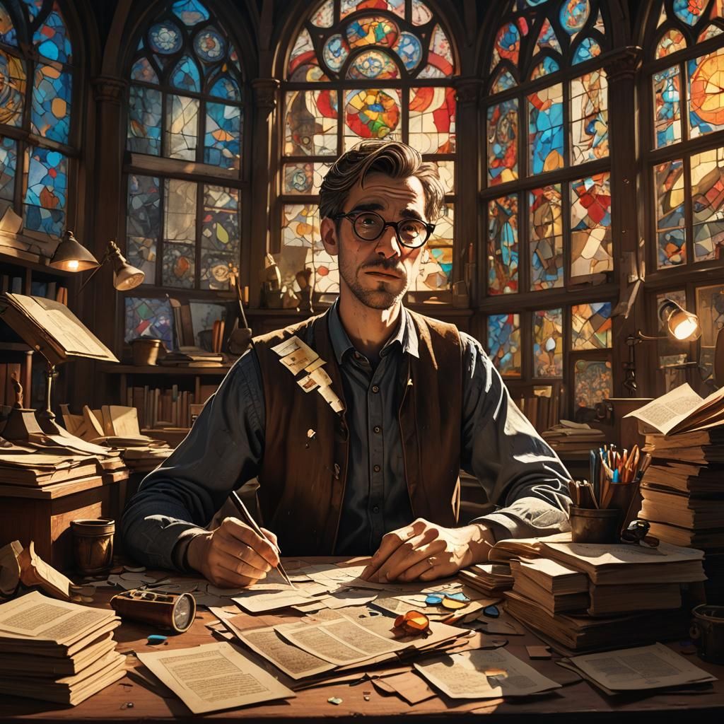 Person at Desk with Stained Glass Light