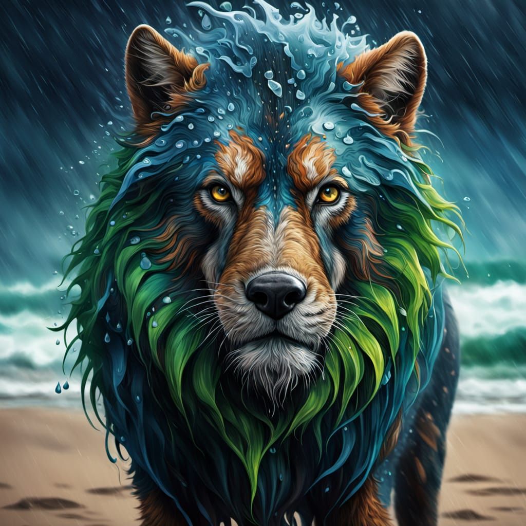 Beast on Stormy Beach in Vibrant Oil Painting Style