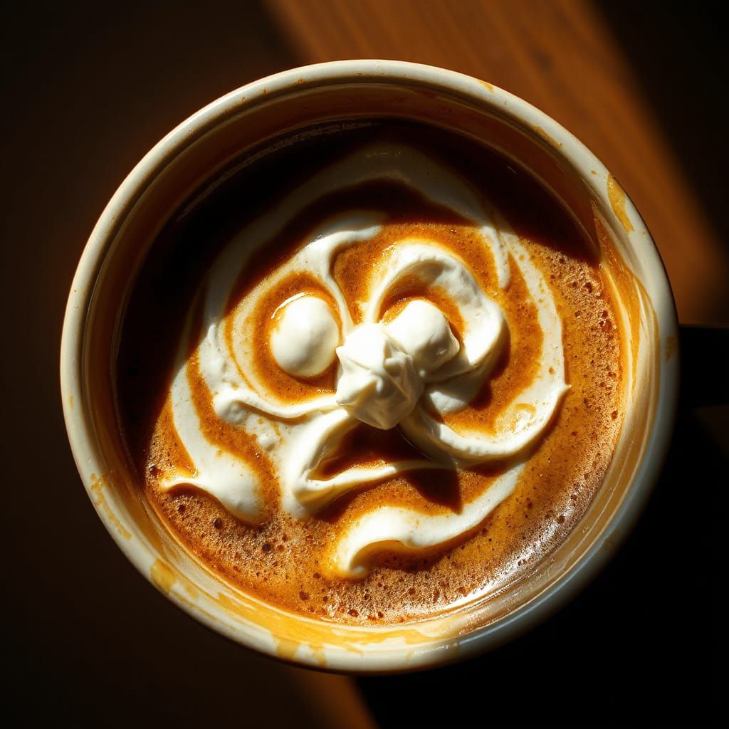 Richly Colored Coffee Surface with Abstract Whipped Cream Fa...