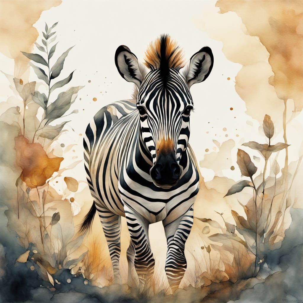 Wild Zebra Portrait in Watercolor and Ink