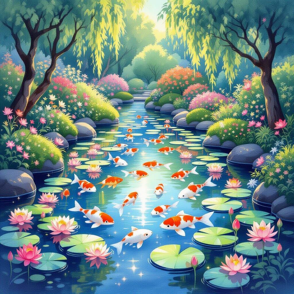 Bioluminescent Koi Pond in Dreamlike Watercolor Style