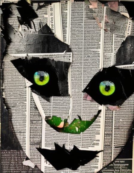 Newspaper Collage Portrait of a Black Cat