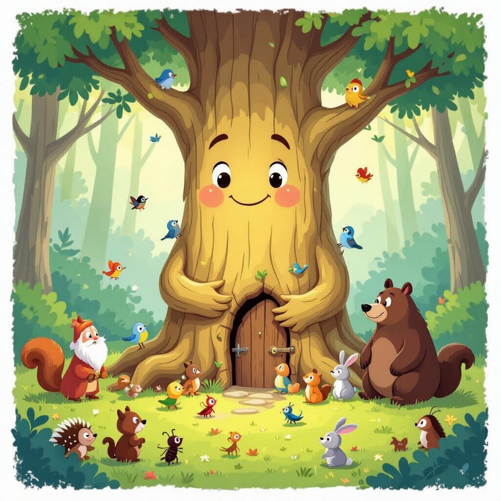 Wise Young Tree Embraces Forest Creatures in Vibrant Cartoon...