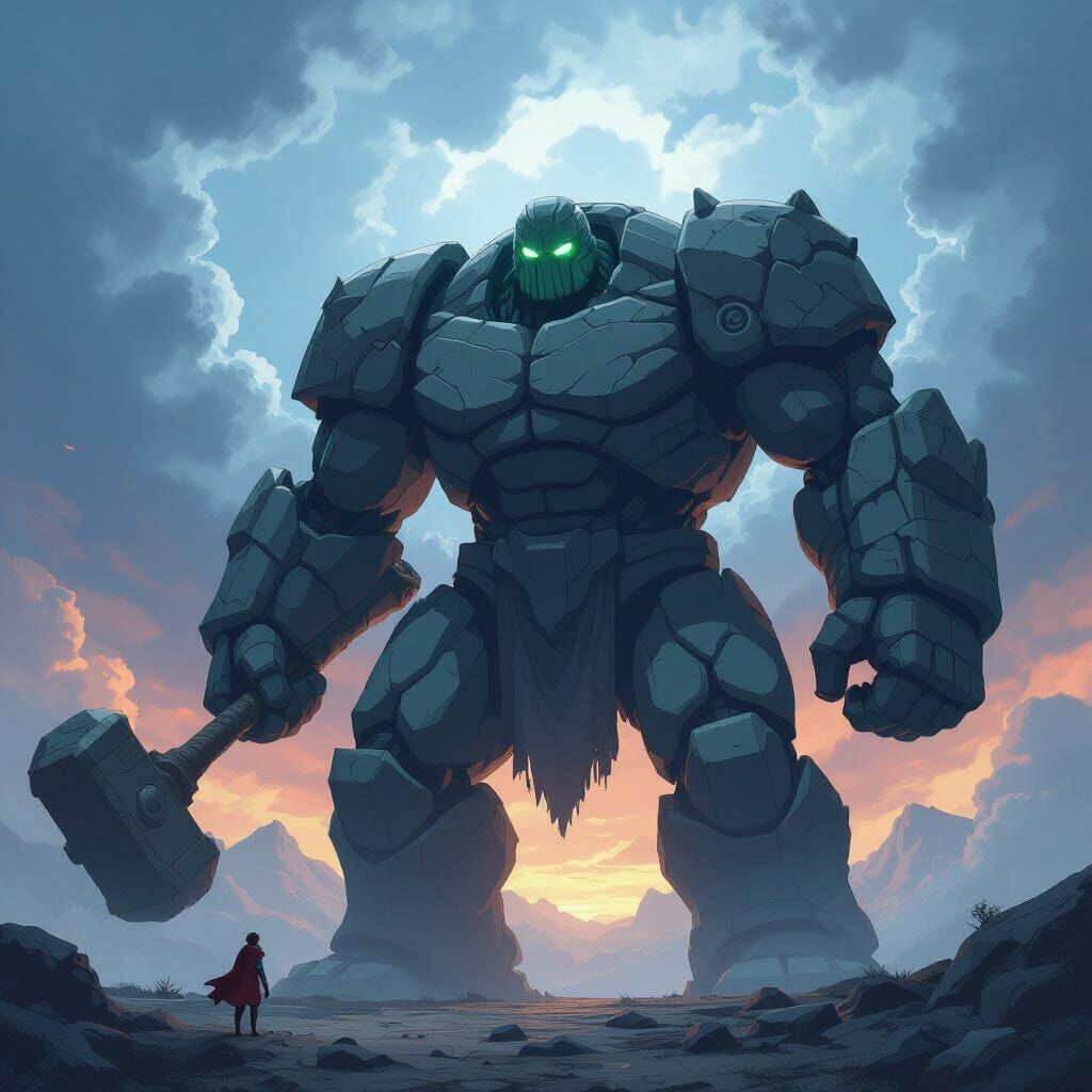 Colossal Rock Golem with Giant Mace in Stormy Sky
