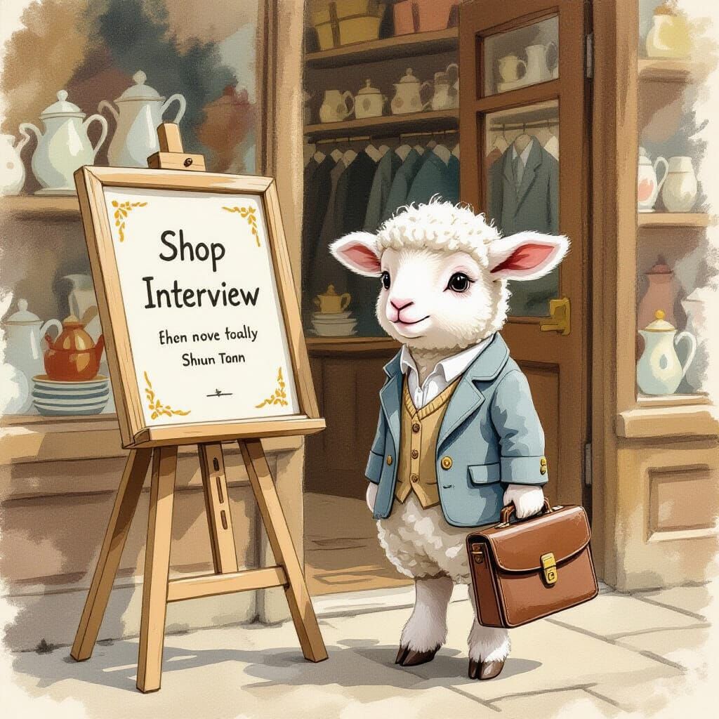 Anxious Lamb Before Shop Interview, Whimsical Art