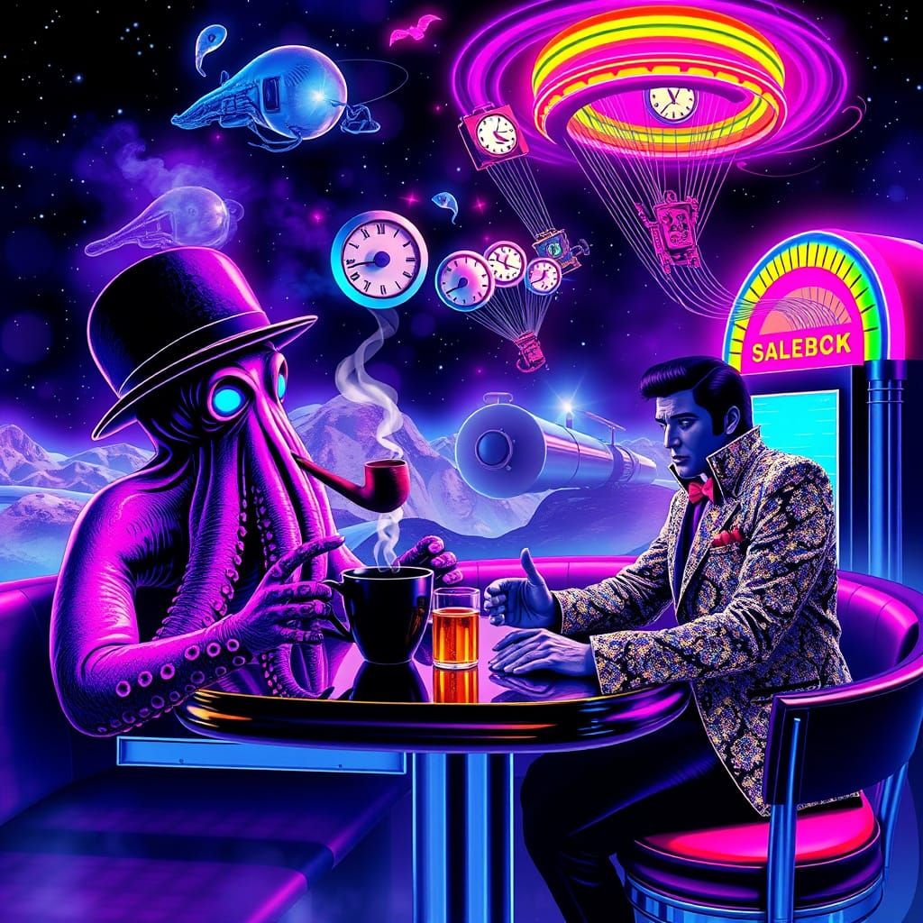 Cosmic Diner: Octopus, Elvis, and Disco Robots