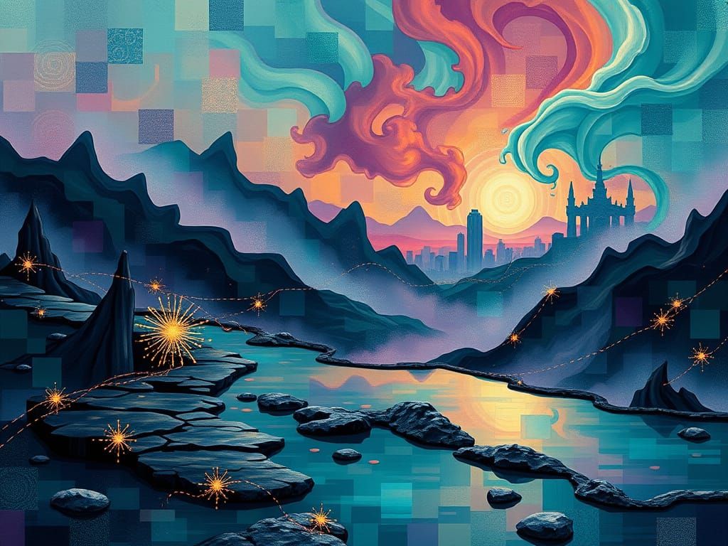 Surreal Landscape in Vibrant Colors and Whimsical Details