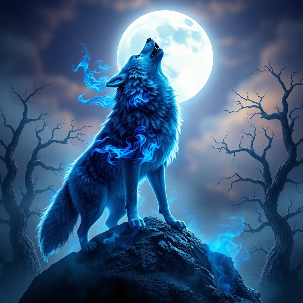 Blue Fire Wolf Howling at Moon