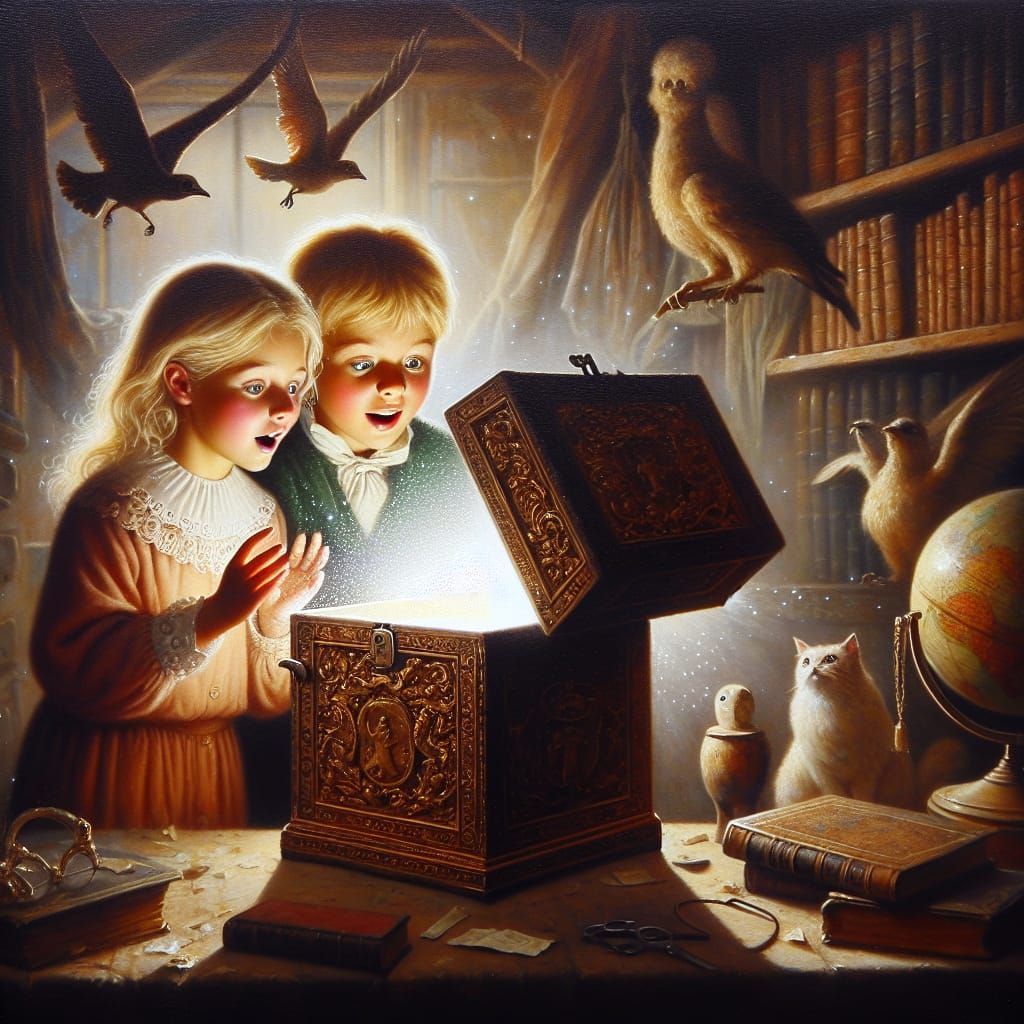 Children Discover Magical Chest in Romantic Painting