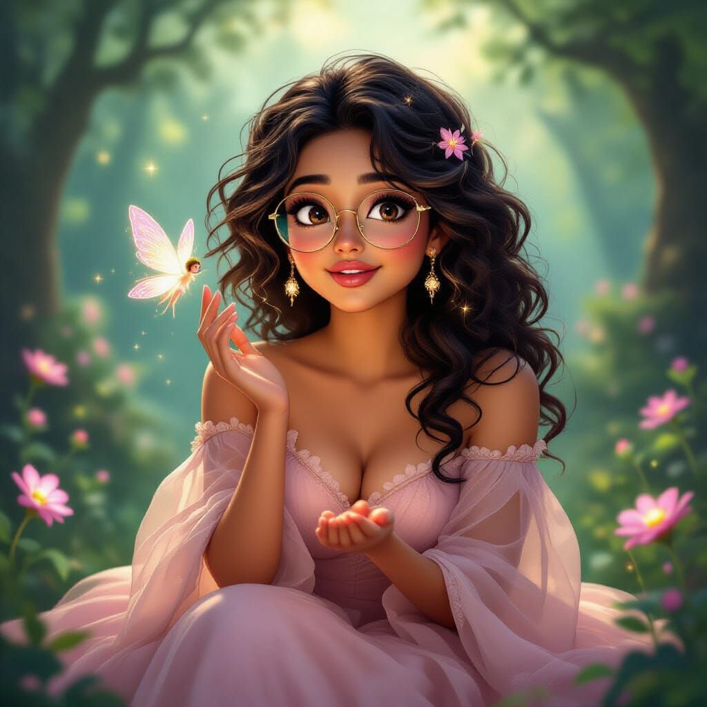 Indian Woman in Enchanted Forest with Fairy